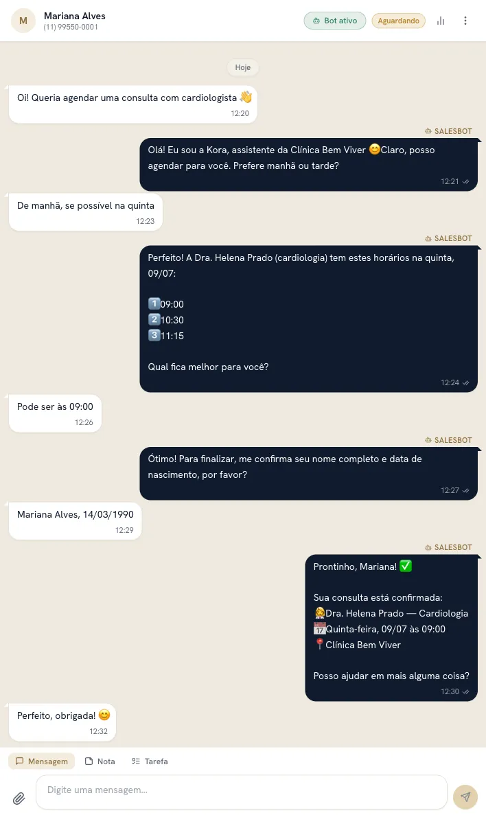 Conversa real no WhatsApp: a Kora IA qualifica a paciente, oferece os horários da Dra. Helena Prado e confirma a consulta agendada