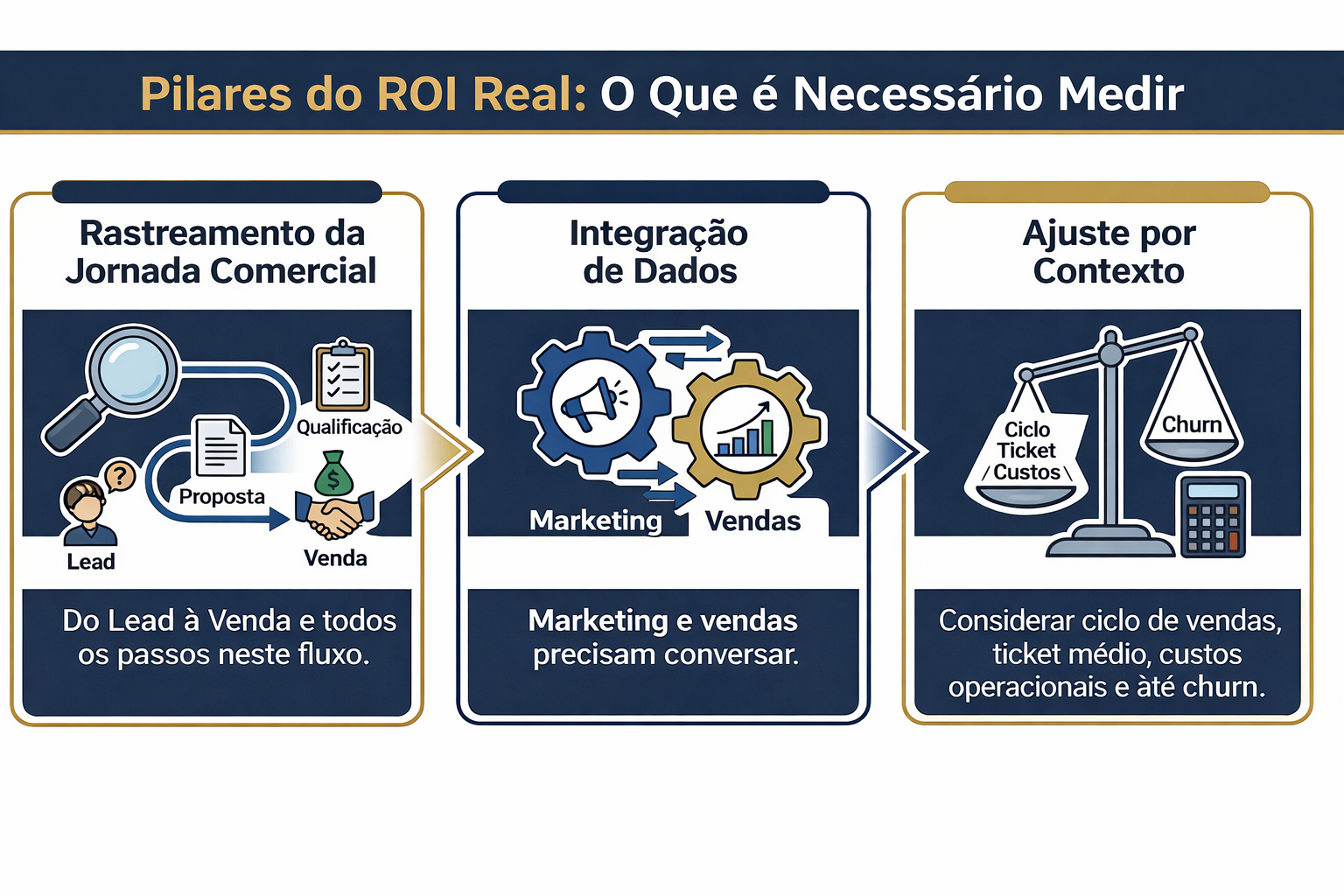 Pilares do ROI Real: Rastreamento da Jornada Comercial, Integração de Dados e Ajuste por Contexto